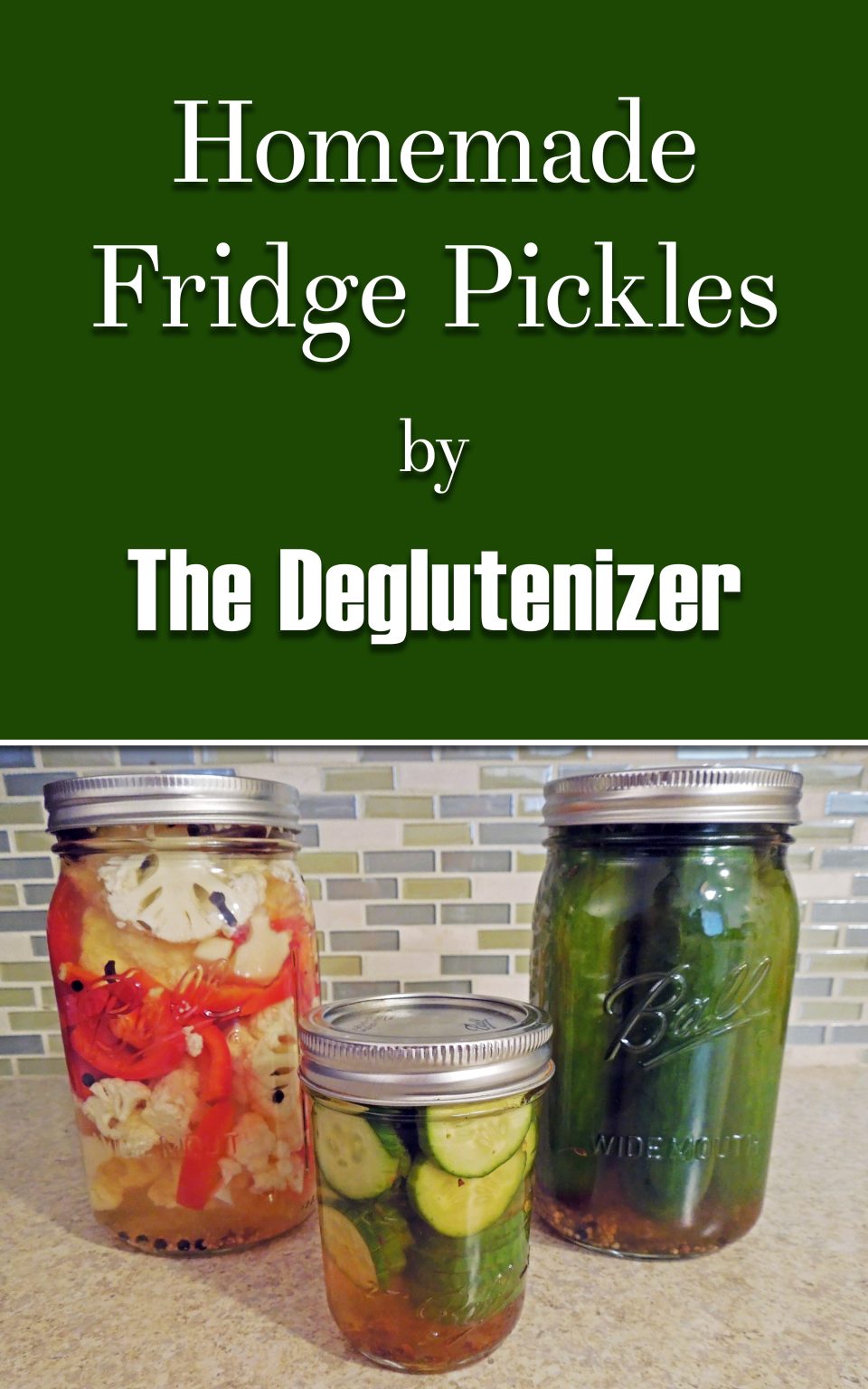 Picture: Homemade Fridge Pickles (Three jars sit on a countertop in front of a tile backsplash: One jar of whole cucumber pickles, one of sliced cucumber pickles, and one of Asian spiced cauliflower and red pepper pickles.)