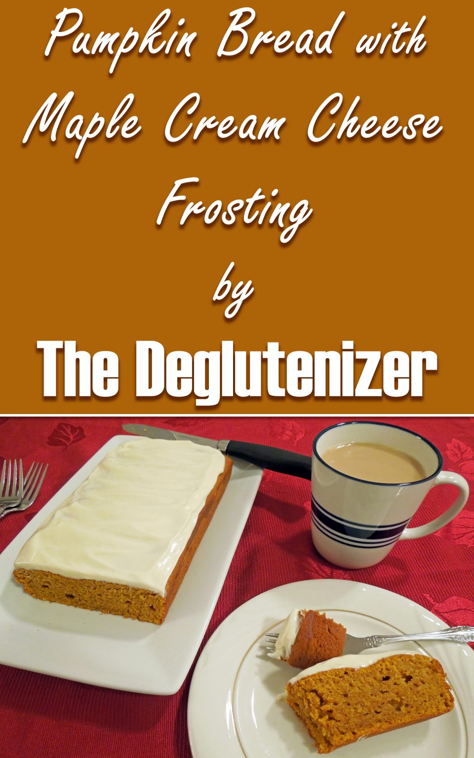 Pictured: Slice of pumpkin bread with cross-section of the loaf displayed, served with a cup of coffee.