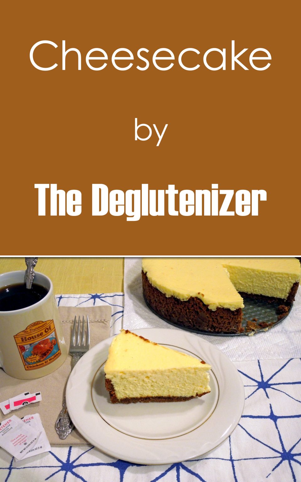 Slice of cheesecake with ginger snap crust on dessert plate next to cup of coffee in Deglutenizer mug.